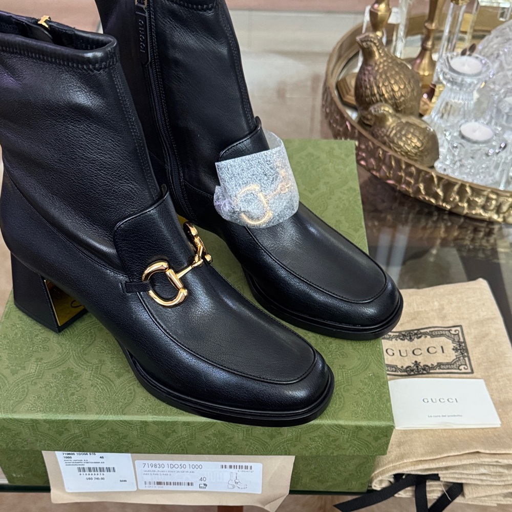 GUCCI Black Heeled Boots with Gold buckles and gold heel accents EUR 40 US 10